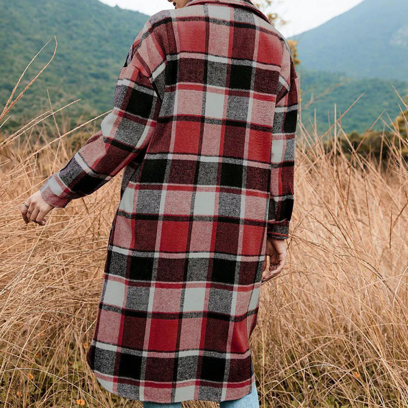 [Best Gift For Her] Women's Plaid Print Long Sleeve Warm Tweed Coat - Image 10