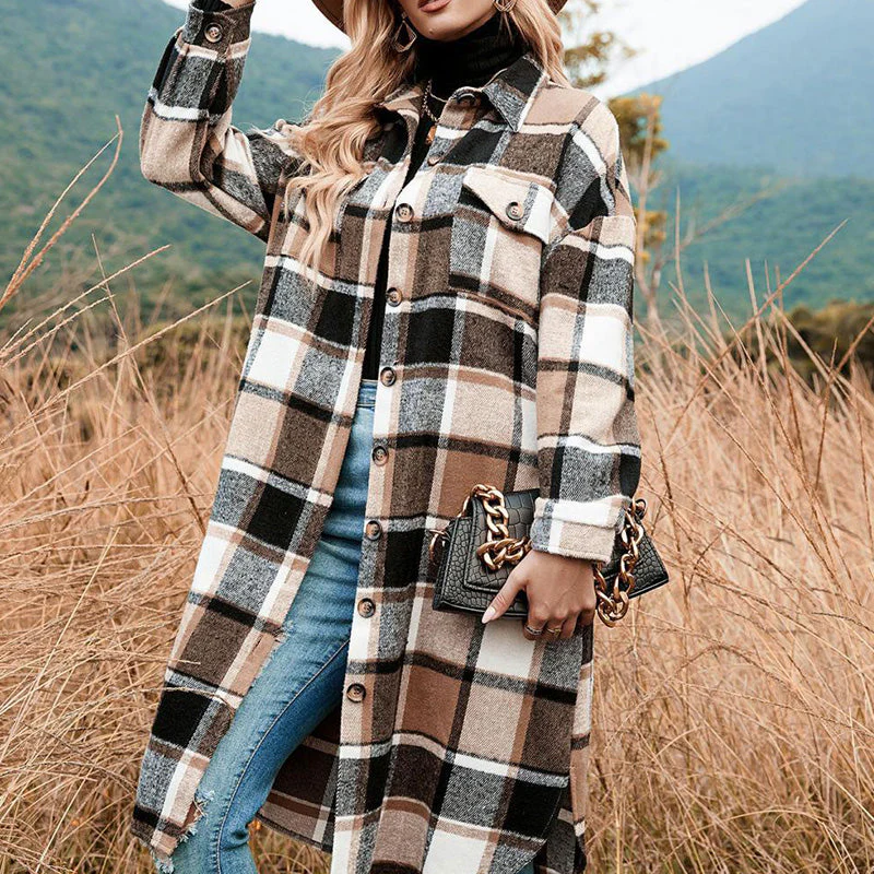 [Best Gift For Her] Women's Plaid Print Long Sleeve Warm Tweed Coat - Image 11