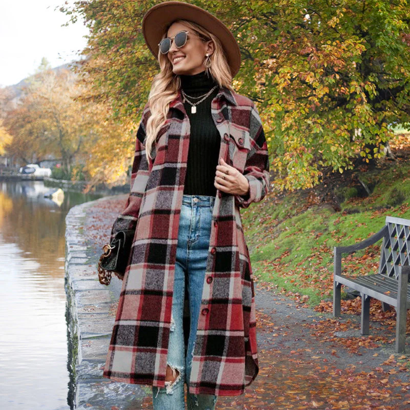 [Best Gift For Her] Women's Plaid Print Long Sleeve Warm Tweed Coat - Image 12