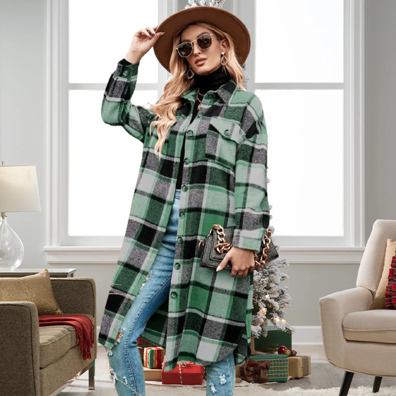 [Best Gift For Her] Women's Plaid Print Long Sleeve Warm Tweed Coat - Image 13