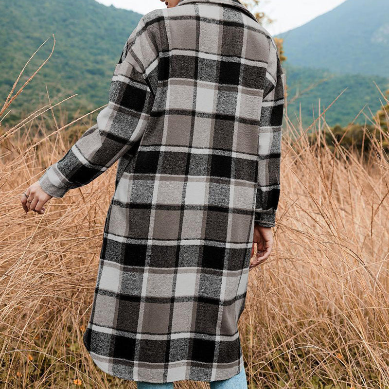 [Best Gift For Her] Women's Plaid Print Long Sleeve Warm Tweed Coat - Image 14