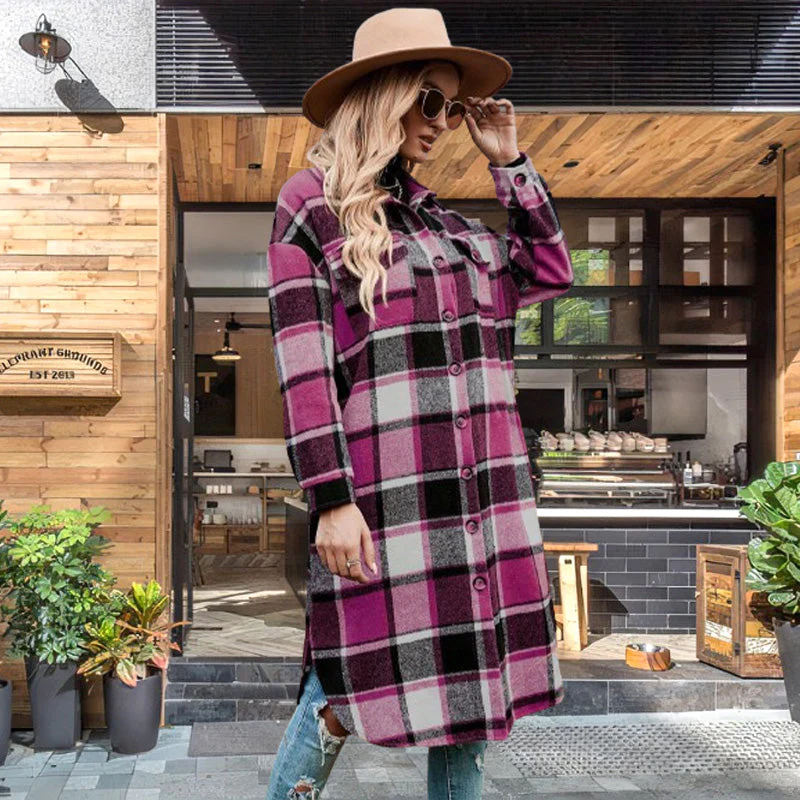 [Best Gift For Her] Women's Plaid Print Long Sleeve Warm Tweed Coat - Image 15