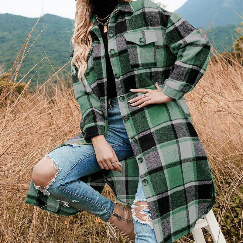 [Best Gift For Her] Women's Plaid Print Long Sleeve Warm Tweed Coat - Image 17