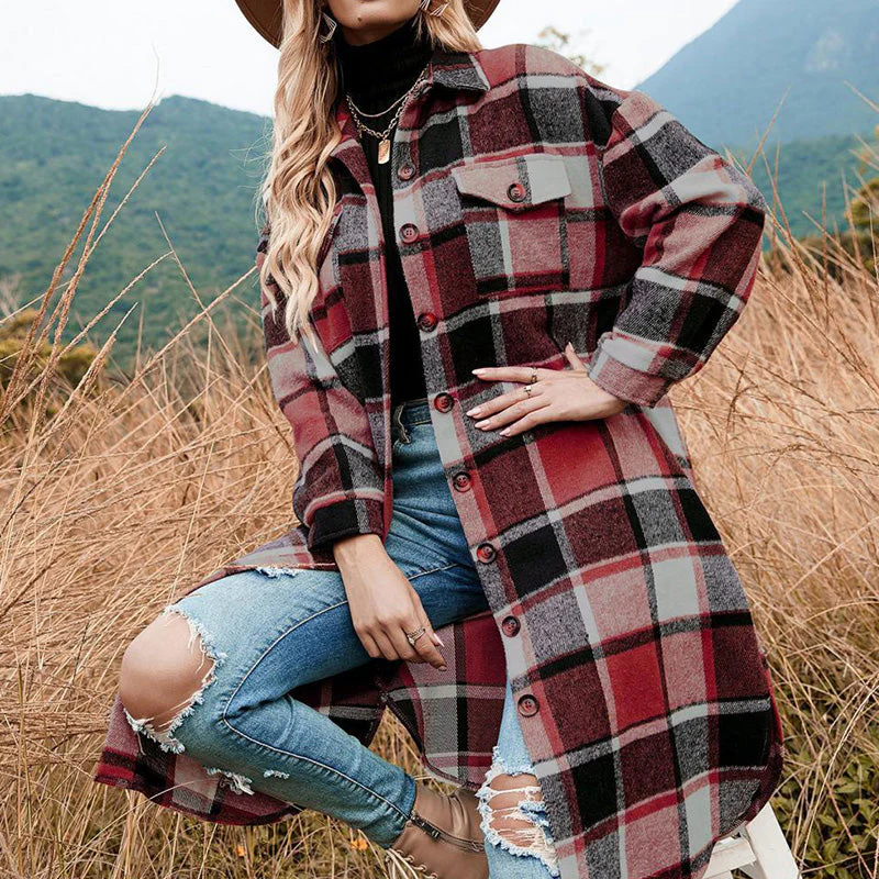 [Best Gift For Her] Women's Plaid Print Long Sleeve Warm Tweed Coat - Image 4