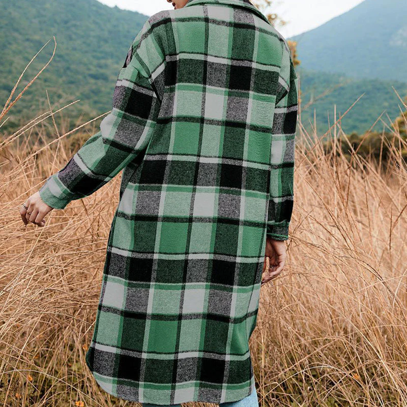 [Best Gift For Her] Women's Plaid Print Long Sleeve Warm Tweed Coat - Image 8