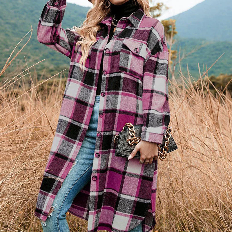 [Best Gift For Her] Women's Plaid Print Long Sleeve Warm Tweed Coat - Image 9