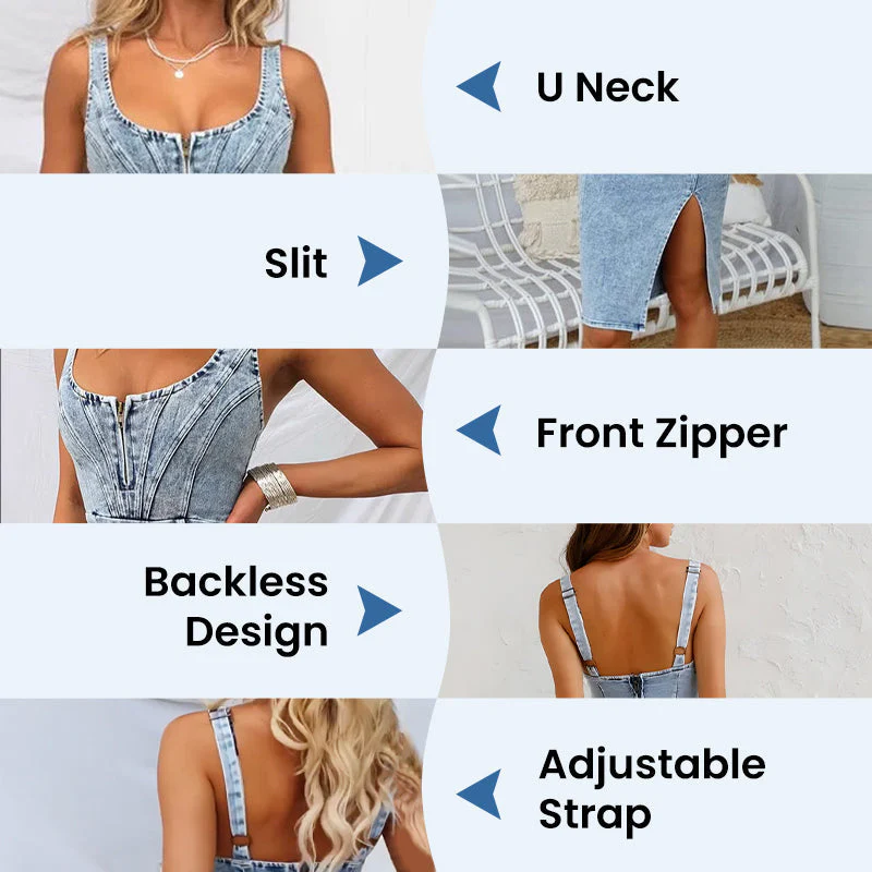 🍹🌤️Women's U-Neck Denim Bodycon Cami Dress - Image 5