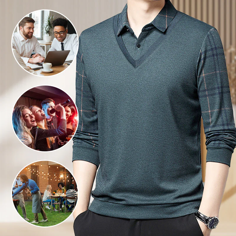 Men's Fake Two Piece Lapel Long-Sleeve Tops - Image 7