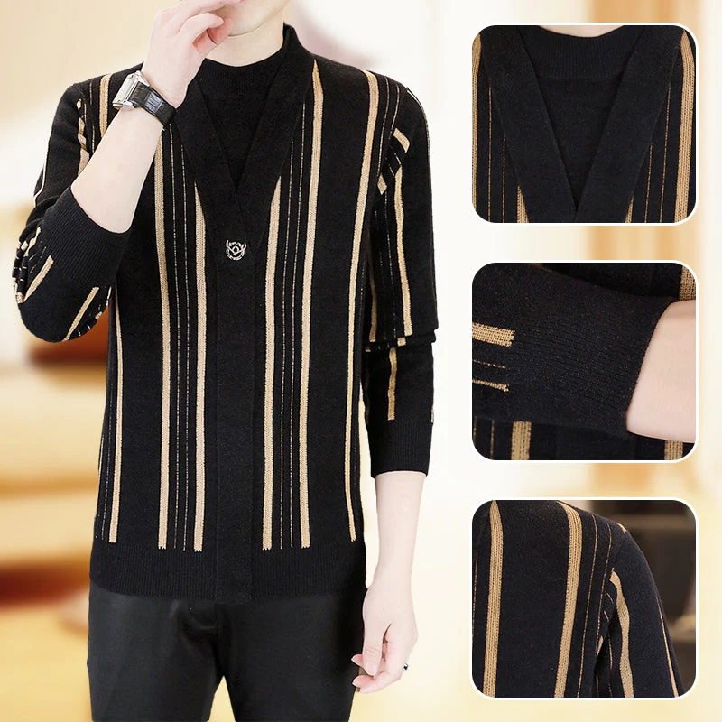 Men's Knit Striped Faux Two Piece Sweater - Image 5