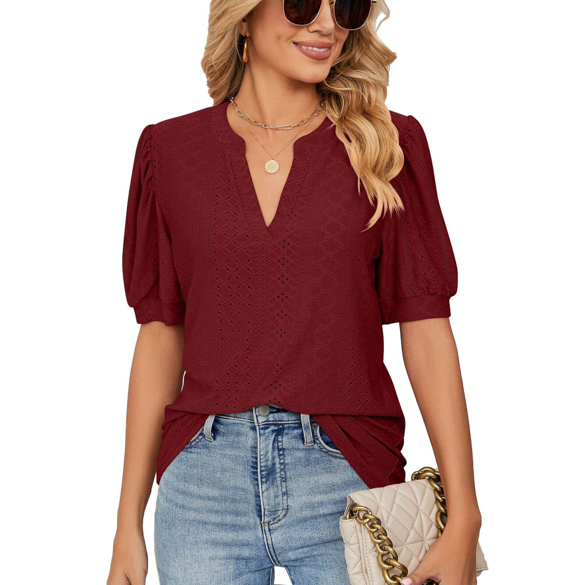 Loose Solid Color T-Shirt Top with Hollow Bubble Sleeves - Image 14